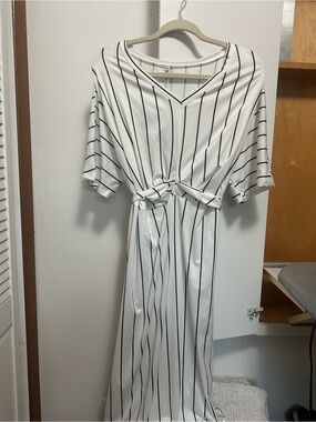 White and Black Vertical Stripe Knot-Front Maxi Dress